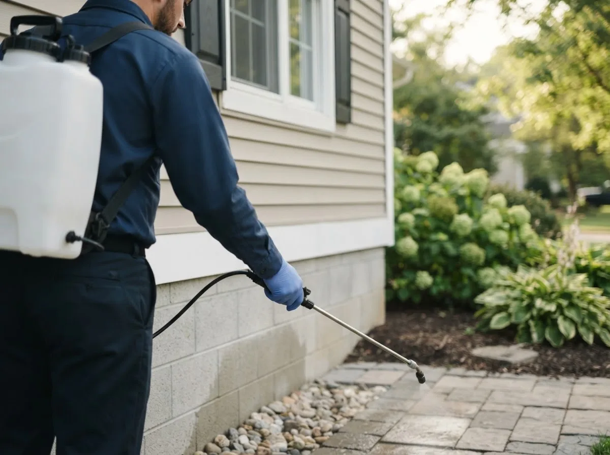 Pest control technician inspecting a home in Norton Shores, MI